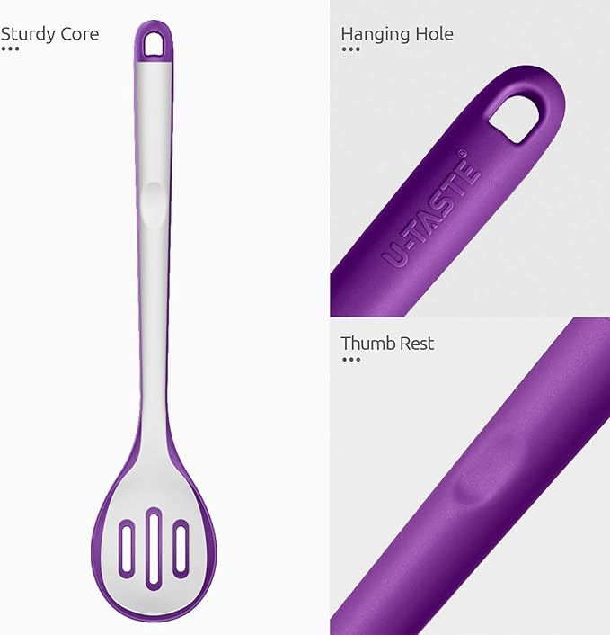 600쨘F Heat Resistant Slotted Spoon: U-Taste 13.3in Solid Kitchen Cooking Spoon, Nonstick Food Grade Large & Long Rubber Utensil for Mixing, Serving, Stirring, Basting, Frying, Draining (Purple)