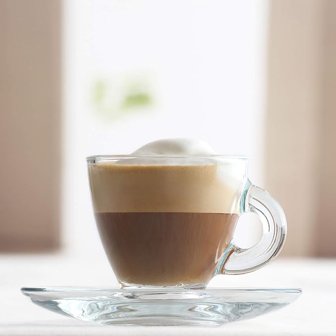 LAV Glass Coffee Cups, Saucers Set - Small Espresso Cups with Handle 3 oz - Small Clear Coffee Mug Latte Cups Set - 6 Cups + 6 Saucers - Mothers Day Gift, Housewarming - Juego de tazas para cafe