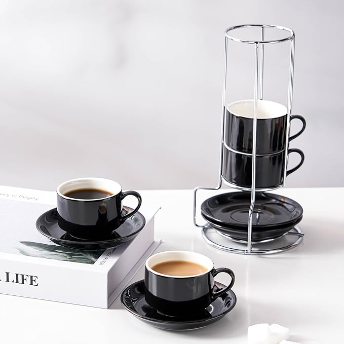 2.5oz Espresso Cups Set of 4, Small Stackable Coffee Cups with Saucers and Metal Stand, Ceramic Demitasse Cups, Cappuccino Cups for Coffee Drinks, Latte, Black