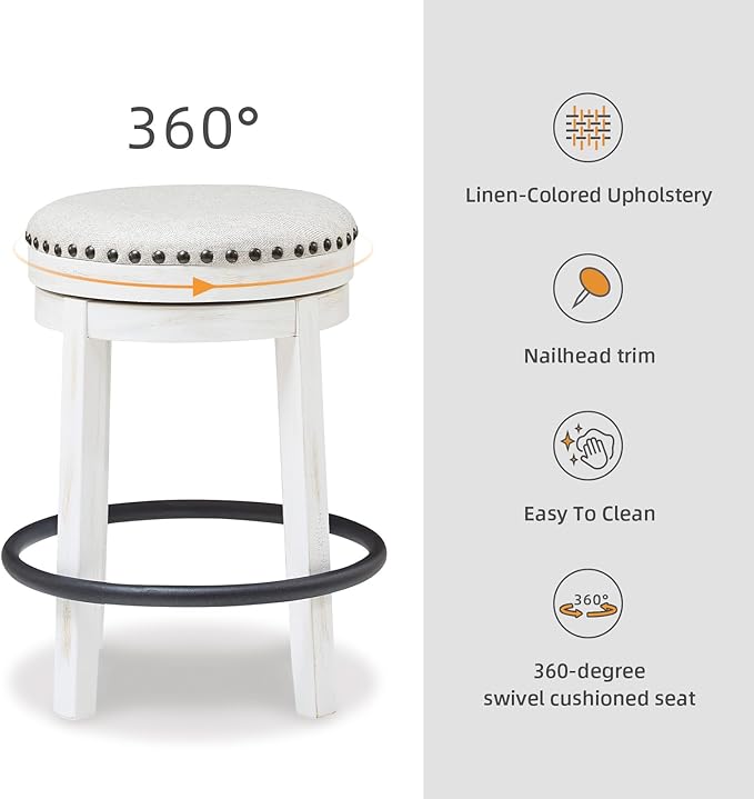 Signature Design by Ashley Valebeck Casual Upholstered Swivel Stool, Round Metal Footrest, Nailhead Trim Detail, Wood, 24", White & Black