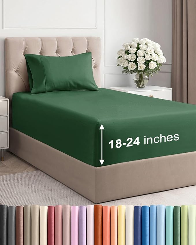 Extra Deep Pocket Twin Sheets - 3 Piece Breathable & Cooling Bed Sheets - Hotel Luxury Bed Sheet Set - Soft, Wrinkle Free & Comfy - Easily Fits Extra Deep Mattresses - Deep Pocket Emerald Green Sheets