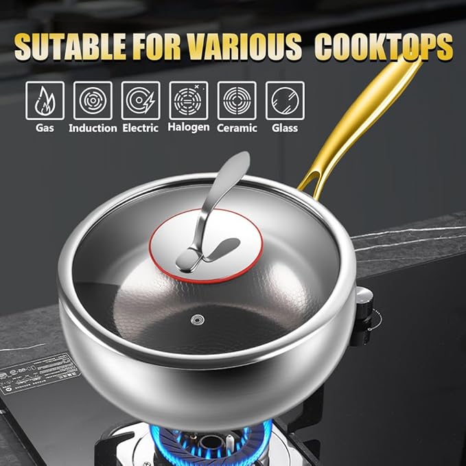 Titanium Hammered Pan with Lid, Thickened Multi-Layer Titanium Wok Pan, Scratch-Resistant Non Stick Stock Pot, Even Heating for Cooking,With lid,10.24IN