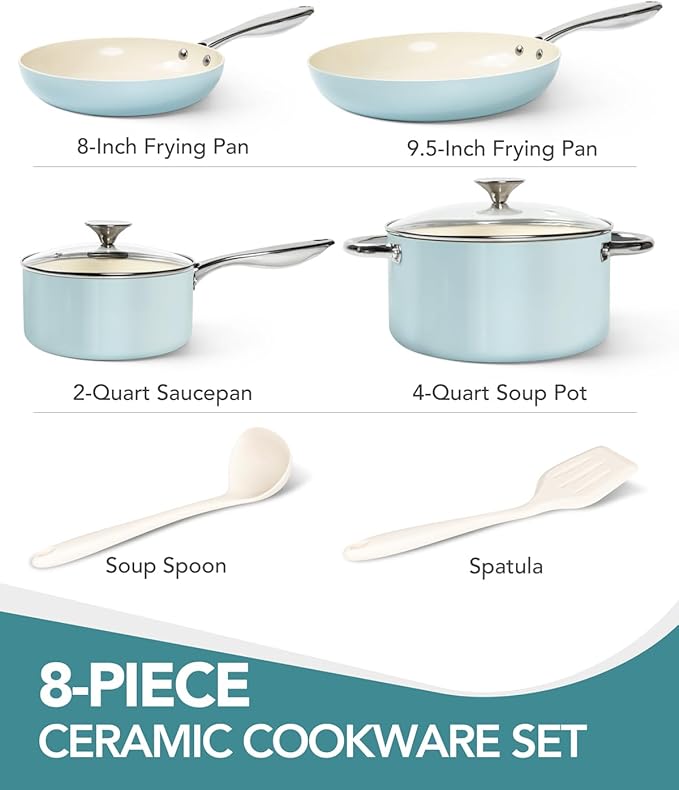 MICHELANGELO Pots and Pans Set Non Stick - Ceramic Cookware Set Non Toxic, 8-Pcs Nonstick Pots and Pans with Ergonomic Handle, Dishwasher Safe & Induction Compatible, Blue