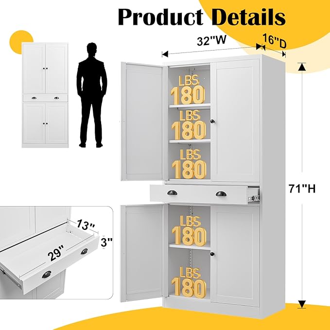 71??Food Pantry Storage Cabinet with Drawer,White Metal Kitchen Pantry Cabinet with Doors and Adjustable Shelves,Tall Storage Cabinets for Pantry,Kitchen,Livingroom