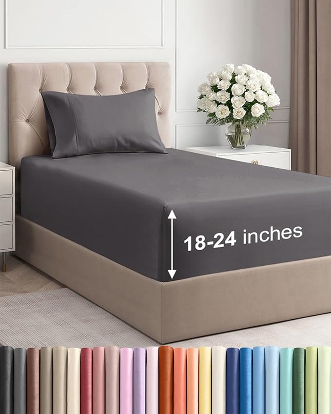 Extra Deep Pocket Twin XL Sheets - 3 Piece Breathable & Cooling Bed Sheets - Hotel Luxury Bed Sheet Set - Soft, Wrinkle Free & Comfy - Easily Fits Extra Deep Mattresses - Deep Pocket Dark Grey Sheets