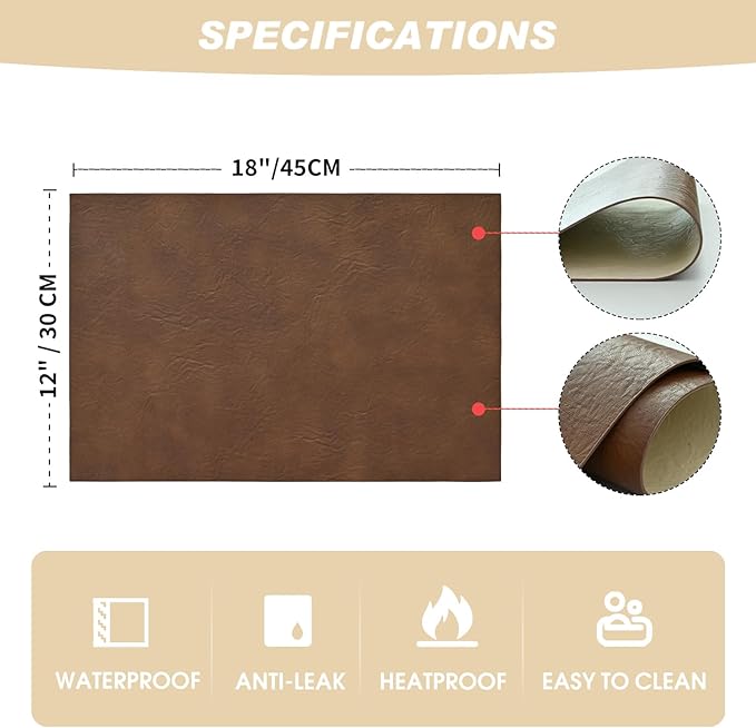 Artoid Mode Brown Faux Leather Placemats Set of 6, 12x18 Inch Waterproof Wipeable Heat Resistant Place Mats, Reversible Table Mats for Kitchen Dining Decor
