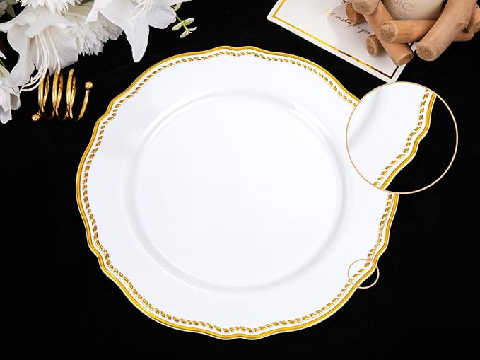 Hioasis 60pcs Gold Plastic Plates - White and Gold Disposable Dinnerware with Gold Rim, Heavy-duty, 10.25 inch, Dinner Plates for Party & Wedding