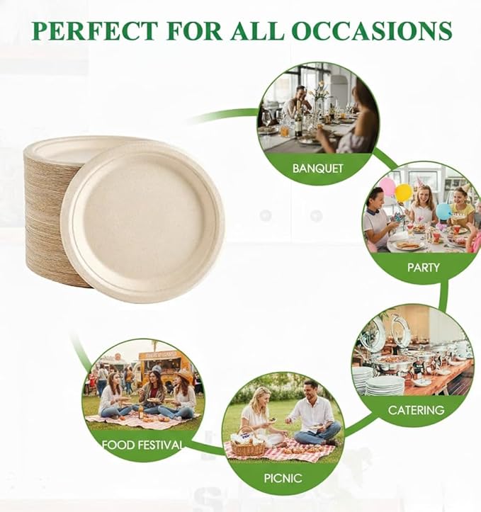 100% Compostable Paper Plates, Heavy Duty Disposable Plates [125-Pack] 9 Inch Plates - Eco-Friendly, Biodegradable Sugarcane Bagasse, Natural Unbleached Brown 9" Dinner Paper Plate Disposable