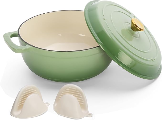 Dutch Oven Pot with Lid, 5 Quart Enameled Cast Iron Dutch Oven, Dual Handles, Kitchen Pots Oven Safe up to 500째F, Stovetop Compatible, Marinate, Cook, Bread Baking, Refrigerate & Serve, Green