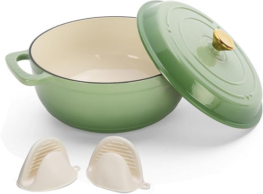 Dutch Oven Pot with Lid, 5 Quart Enameled Cast Iron Dutch Oven, Dual Handles, Kitchen Pots Oven Safe up to 500째F, Stovetop Compatible, Marinate, Cook, Bread Baking, Refrigerate & Serve, Green