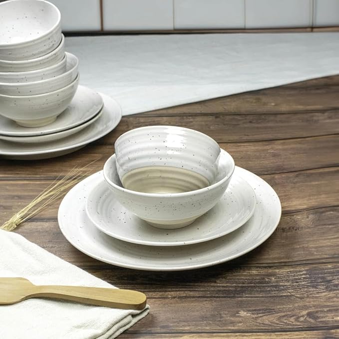 Sango Siterra 16-Piece Rustic White Stoneware Dinnerware Set ??Service for 4, White with Glossy Speckle Overlay, for Everyday Dining & Entertainment, Microwave & Dishwasher Safe