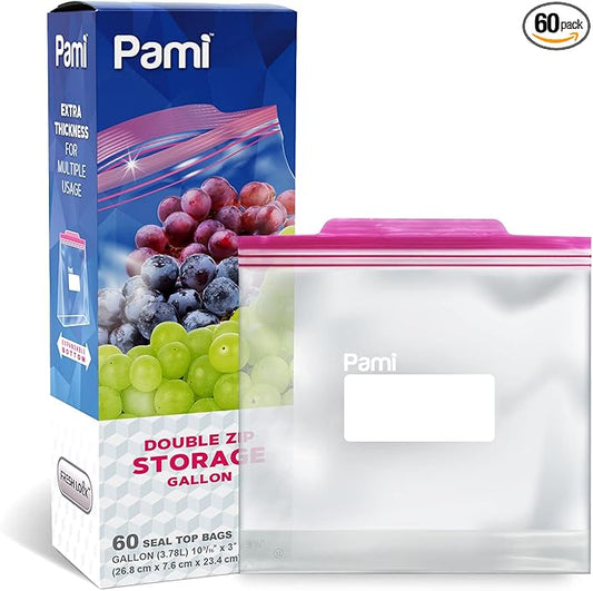 PAMI Leakproof Reusable Double Zip Sandwich Bags with Expandable Bottom and Write-On Label, Food Storage Zipper Bags (Gallon 60 Clear)