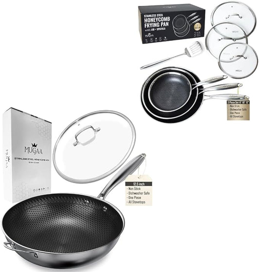 Stainless Steel Honeycomb 12.5??Wok + 3-Piece Nonstick Frying Pan Set (8?? 10?? 12?? with Lids & Spatula, Tri-Ply Hybrid Cookware Bundle, PFOA-Free, Induction, Dishwasher & Oven Safe