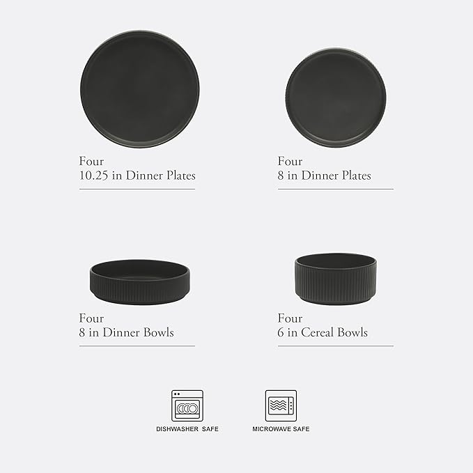 Gibson Elite Deerfield 16-Piece Stoneware Dinnerware Set ??Matte Black Reactive Glaze Plates and Bowls, Stackable, Modern Design, Service for 4 ??Microwave & Dishwasher Safe