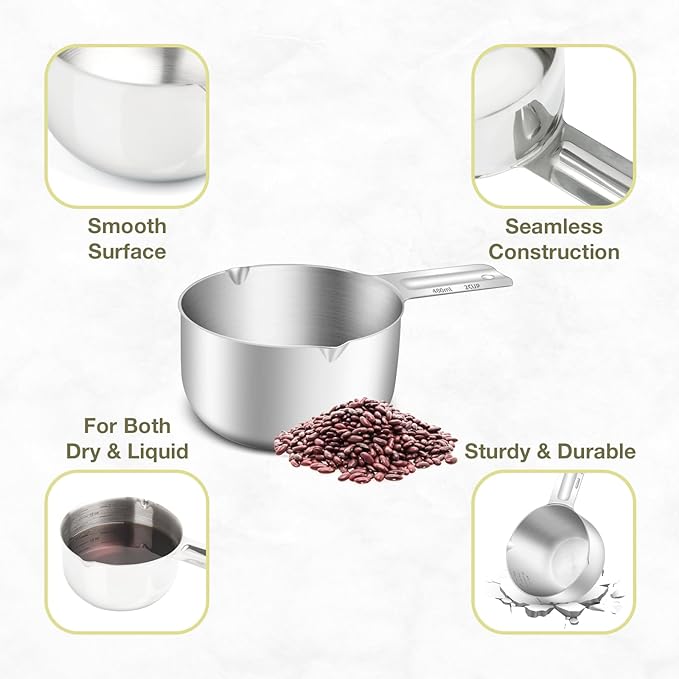 BERYLER 1PCS 2Cup (480ml, 16oz) Single Measuring Cup, Etched Inner Scale Stainless Steel Measure Scoop, Metric and US Measurement, Dishwasher Safe