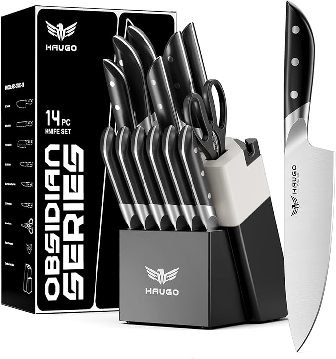 Knife Set - Haugo 14 PCS German Stainless Steel Kitchen Knife Sets with Block and Sharpener - Full Tang Knife Block Set and Ergonomic Handle - Elegant Black- Obsidian Series