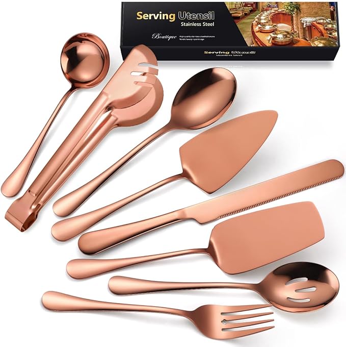 AARAINBOW Exquisite 8 Pieces Serving Utensils Set, Stainless Steel Serving Utensils with Serving Spoons, Food Serving Utensils Steel for Parties Buffet Home Serving Utensils Large (8 Rose Golden)…
