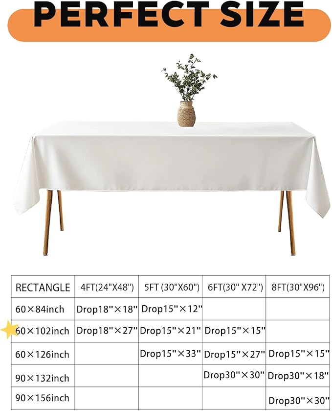 TWINPRET Rectangle Tablecloth 60 x 102 Inch, White Waterproof Washable Polyester Table Cloth - Stain & Oil Resistant Rectangular Table Cover for Outdoor, Indoor, Banquet & Party (Fits 6 Foot Tables)