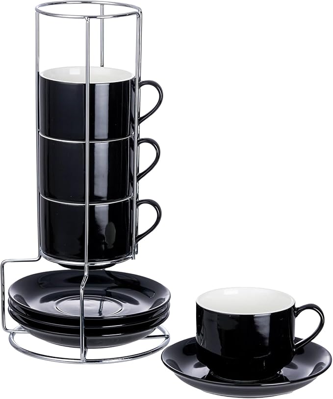 8oz Porcelain Cappuccino Cups with Saucers and Metal Stand, Stackable Coffee Cups for Specialty Coffee Drinks, Cappuccino, Latte, Espresso, Americano and Tea - Cups Set of 4, Black