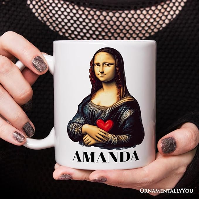 OrnamentallyYou Personalized Valentine Mug (Valentine Style Mona Lisa Personalized Mug, Leonardo da Vinci Vintage Art Lover Gift)