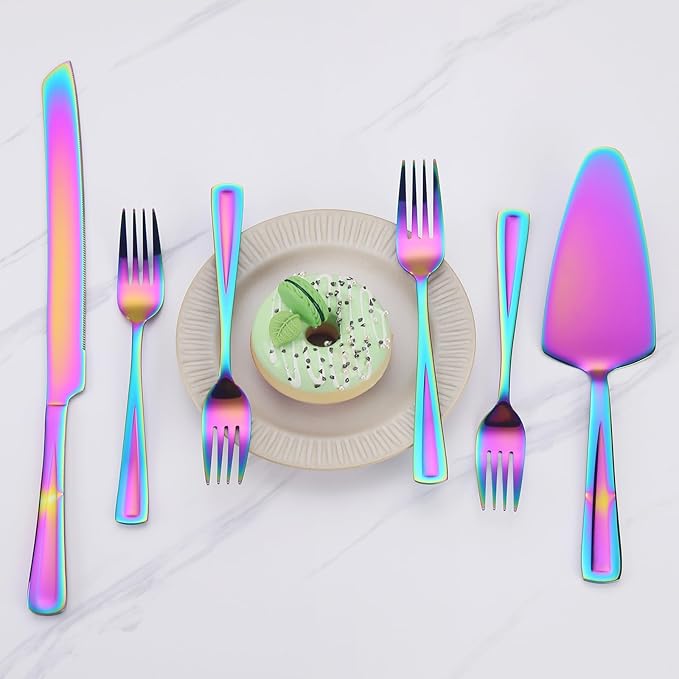 GoGeiLi Rainbow Cake Knife and Server Set with Forks, 6 Pieces Stainless Steel Cake Cutting Set, Colorful Wedding Cake Cutter Set including 4 Salad Forks, Dishwasher Safe