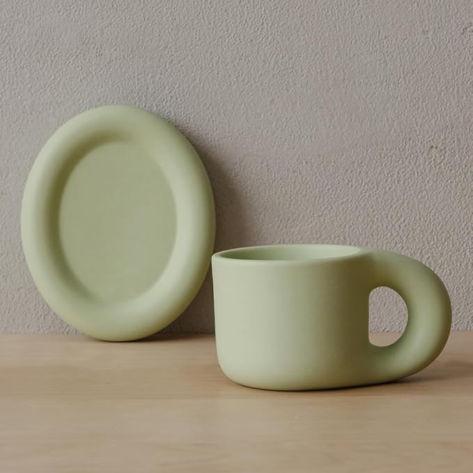 WENSHUO Chubby Funny Coffee Mug, Novelty Cute Cup and Saucer, Matte Cr챔me, 9 oz (Mint Green)