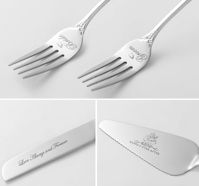Wedding Cake Knife and Server Set, Silver Cake Cutting Set for Wedding, 4 Pieces Mr and Mrs Gifts Set with Forks for Engagements, Anniversaries