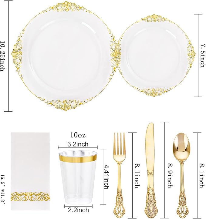 YOUBET 700PCS Clear Gold Plastic Plates - Elegant Gold Plastic Dinnerware Set Include 200 Disposable Plates, 300 Heavy Duty Silverware, 100 Cups, 100 Napkins for Wedding Party