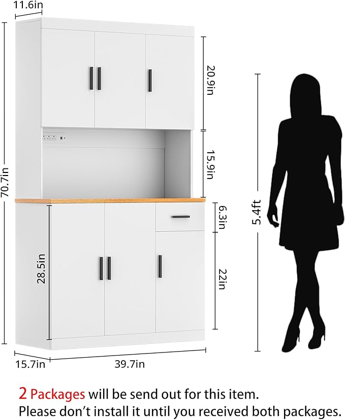 71 Inch White Pantry Cabinet with Power Outlet, Heavy-Duty Freestanding Kitchen Storage Organizer with Reinforced Frame, Pantry Hutch for Kitchen, Dining Room, Laundry Room | Extra-Wide, Heavy-Duty, Sturdy, Freestanding Storage, Reinforced Frame, Large