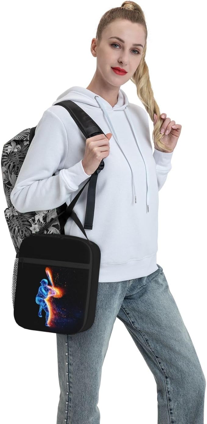 Boys Insulated Lunch Box with a Blue Baseball Player Pattern Print, Sports-themed Lunch Bags with Water Bottle Holder for Adults Kids Teens, Reusable Portable Tote Meal Bags Gifts for Son Daughter