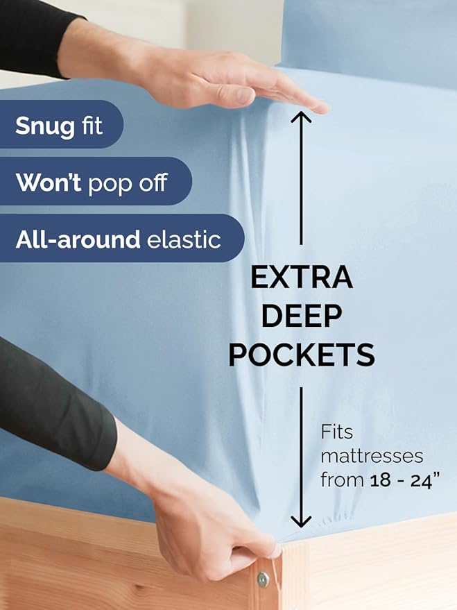 Extra Deep Pocket King Sheets - 4 Piece Breathable & Cooling Bed Sheets - Hotel Luxury Bed Sheet Set - Soft, Wrinkle Free & Comfy - Easily Fits Extra Deep Mattresses - Deep Pocket Sky Blue Sheets Set