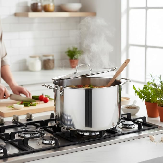 20 Qt Tri-Ply Stainless Steel Stock Pot with Cover, NSF Listed, Induction Ready, Dishwasher Safe, 7.5 Inch Height, Silver Satin Finish