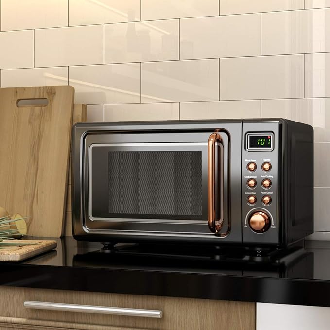 ARLIME Retro Microwave 0.7Cu.ft, 700 Watt Countertop Microwave with 5 Micro Power Defrost & Auto Cooking Function, LED Display, Child Lock, Small Microwave for Kitchen, RV, Dorm (Golden)