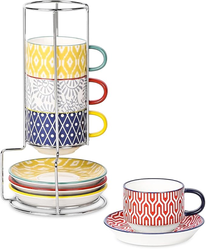 Selamica Ceramic Espresso Cups with Saucers and Metal Stand, 4 OZ Stackable Demitasse Cups for Latte Coffee Caf챕 Mocha Tea, Set of 4, Assorted Colors