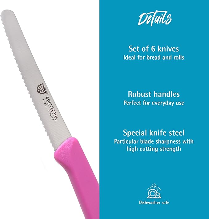 GRWE Table Knife Set - 6 Pieces, 8.3 Inch Bread Knives With Serrated Edge on One Side for Cutting and Breakfast - Pink
