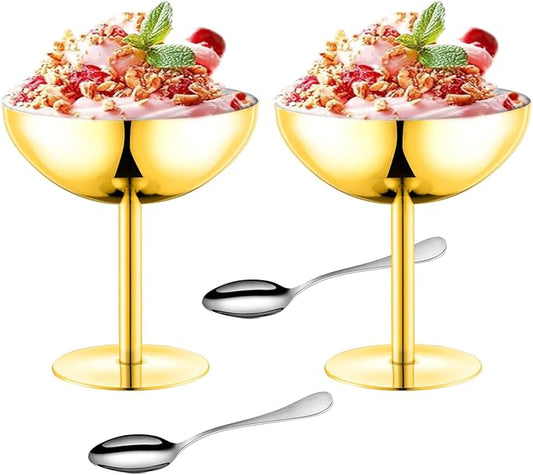 Ice Cream Bowls Stainless Steel Dessert Cups with Spoons Reusable Footed Sundae Cups Ice Cream Cups for Dessert, Frozen Yogurt, Gelato, Birthday Party Decorations (2, Glod)