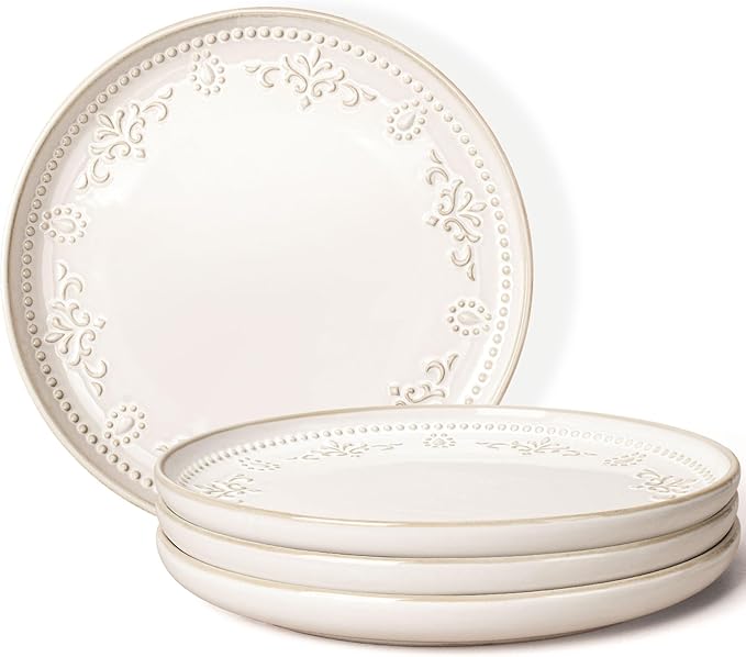 Artena Large Ceramic Dinner Plates Set Of 4, 10.75 Inch Embossed Kitchen Salad Plates, Modern Serving Plates For Restaurant, Plates With Lipped Edges, Microwave Dishwasher Safe (Damask Floral)