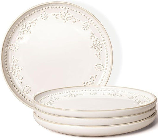 Artena Large Ceramic Dinner Plates Set Of 4, 10.75 Inch Embossed Kitchen Salad Plates, Modern Serving Plates For Restaurant, Plates With Lipped Edges, Microwave Dishwasher Safe (Damask Floral)