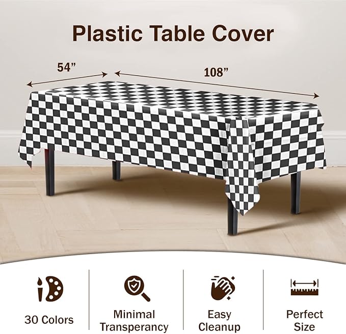 Party Solids Pack Of 6, Premium Plastic Tablecloth 54in. x 108in. Rectangle Table Cover - Checkered