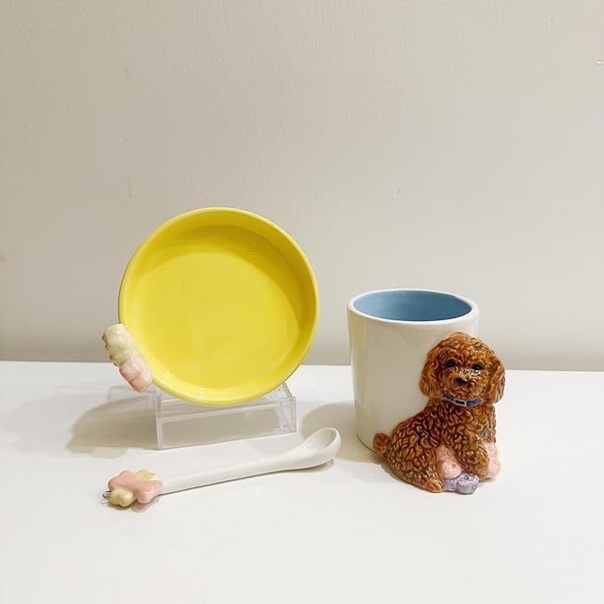 Ceramic Animal Coffee Mug Cup and Saucer Set竊?00ML(6.8OZ) 3D Hand-painted Tea Cup with Spoon (Reddish Brown)