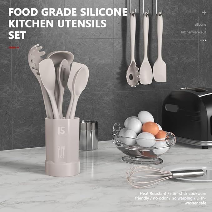 AOTHOD Silicone Cooking Utensils Set - 446째F Heat Resistant Kitchen Utensils,Turner Tongs,Spatula,Spoon,Brush,Whisk,Kitchen Utensil Gadgets Tools Set for Nonstick Cookware,Dishwasher Safe (BPA Free)