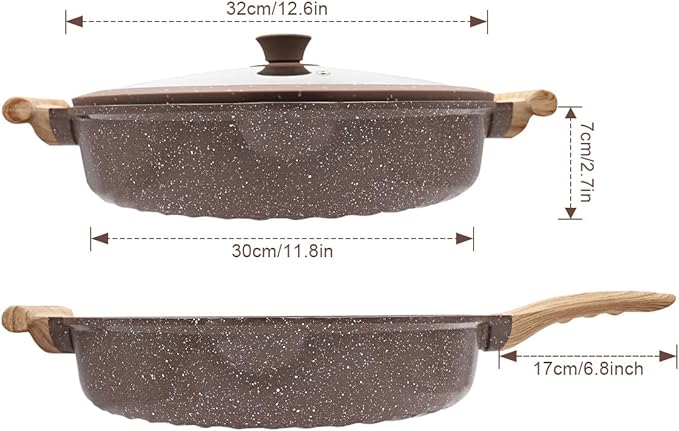 2-In-1 Ceramic Nonstick Deep Frying Pan Skillet, 12.5 Inch Saute Pan with Lid Non Toxic, PTFE & PFOA Free, Compatible with All Stovetops- Brown