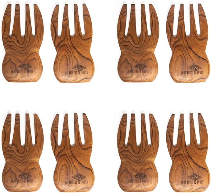 Rainforest Bowls Teak Wood Salad Serving Hands - Pair 4-Pack - Wooden Spork for Salad - 7 Inch - Artisan Made Flatware from Indonesia - Unique Handmade Kitchen/Dining Table Decor