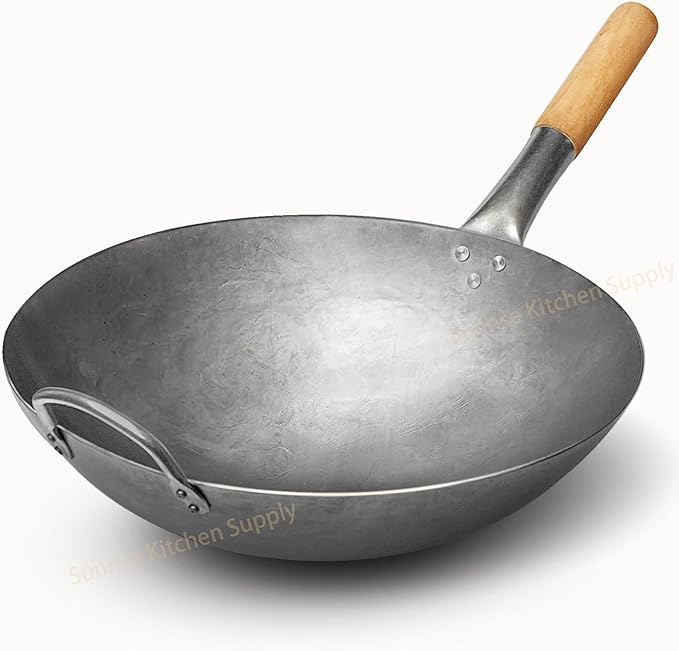 SUNRISE Kitchen Supply 1.8 mm Thickness Heavy Duty Hand Hammered Carbon Steel Wok 14 inch, Round Bottom