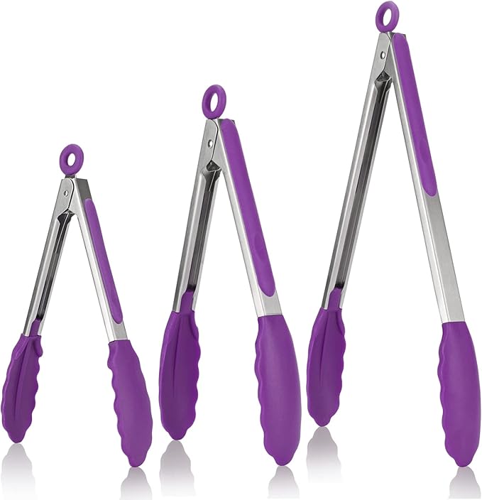 U-Taste Kitchen Tongs, 7/9/12 inches Cooking Tongs, with 600쨘F High Heat-Resistant Non-Stick Silicone Tips, 18/8 Stainless Steel Handle, for Food Grill, Salad, BBQ, Frying, Serving, Pack of 3(Purple)