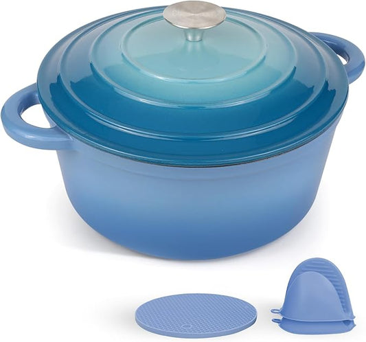 6 Quart Enameled Cast Iron Dutch Oven Pot with Lid and Silicone Accessories, Oven Safe up to 500째F or on Stovetop, Non-stick Dutch Oven for Bread Baking, Cooking, Dual Handles Cookware, Light Blue