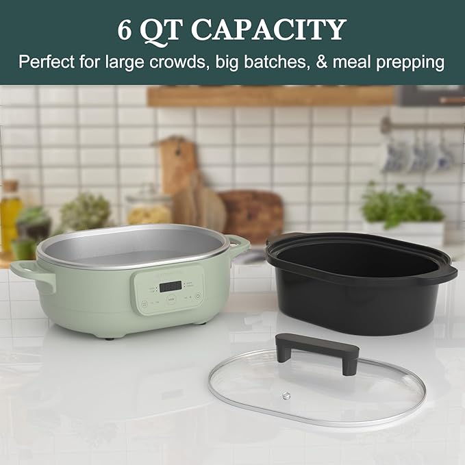 MAGNIFIQUE 6 Quart Programmable Slow Cooker Removable Healthy Nonstick Pot - Small Kitchen Appliance for Family Dinners, Green