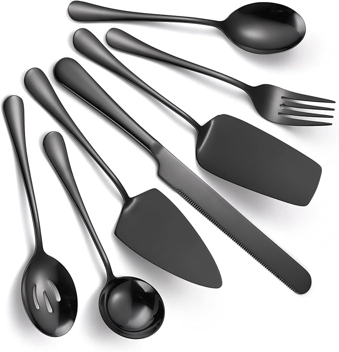 A 쨌 HOUSEWAR Black Flatware Serving Set 7 Piece Stainless Steel Catering Utensils include Soup Ladle Large Slotted Spoon Big Server Fork12??Cake Knife Pizza Spatula Parties Buffet