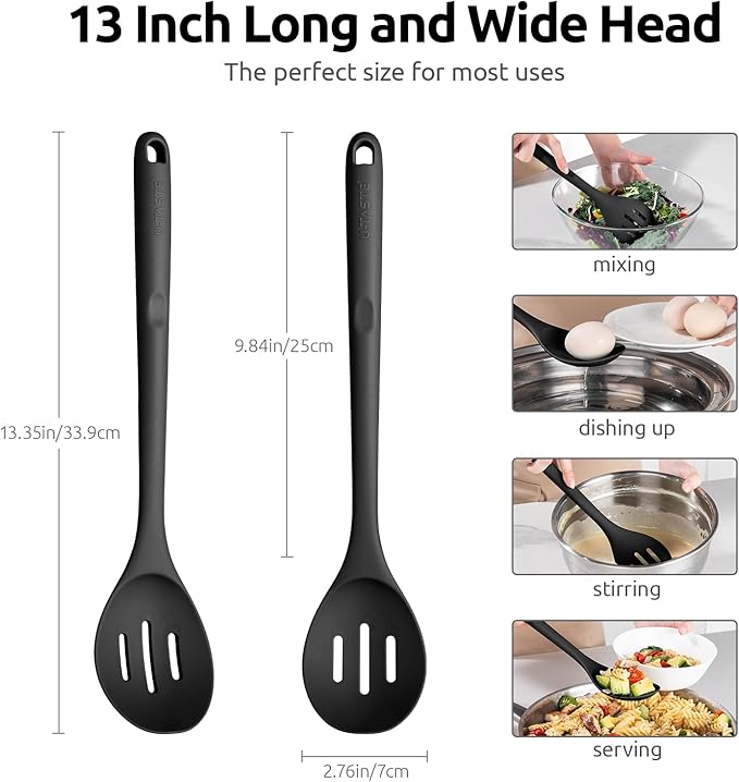 600쨘F Heat Resistant Slotted Spoon: U-Taste 13.3in Solid Kitchen Cooking Spoon, Nonstick Food Grade Large & Long Rubber Utensil for Mixing, Serving, Stirring, Basting, Frying, Draining (Black)