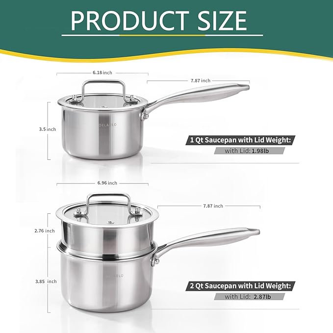DELARLO Sauce Pan Sets, Compatible with All Cooktops 600?? Full Clad Triply Stainless Steel Saucepan, 1QT Pot & 2 QT Pot with Steamer (Lids 300??